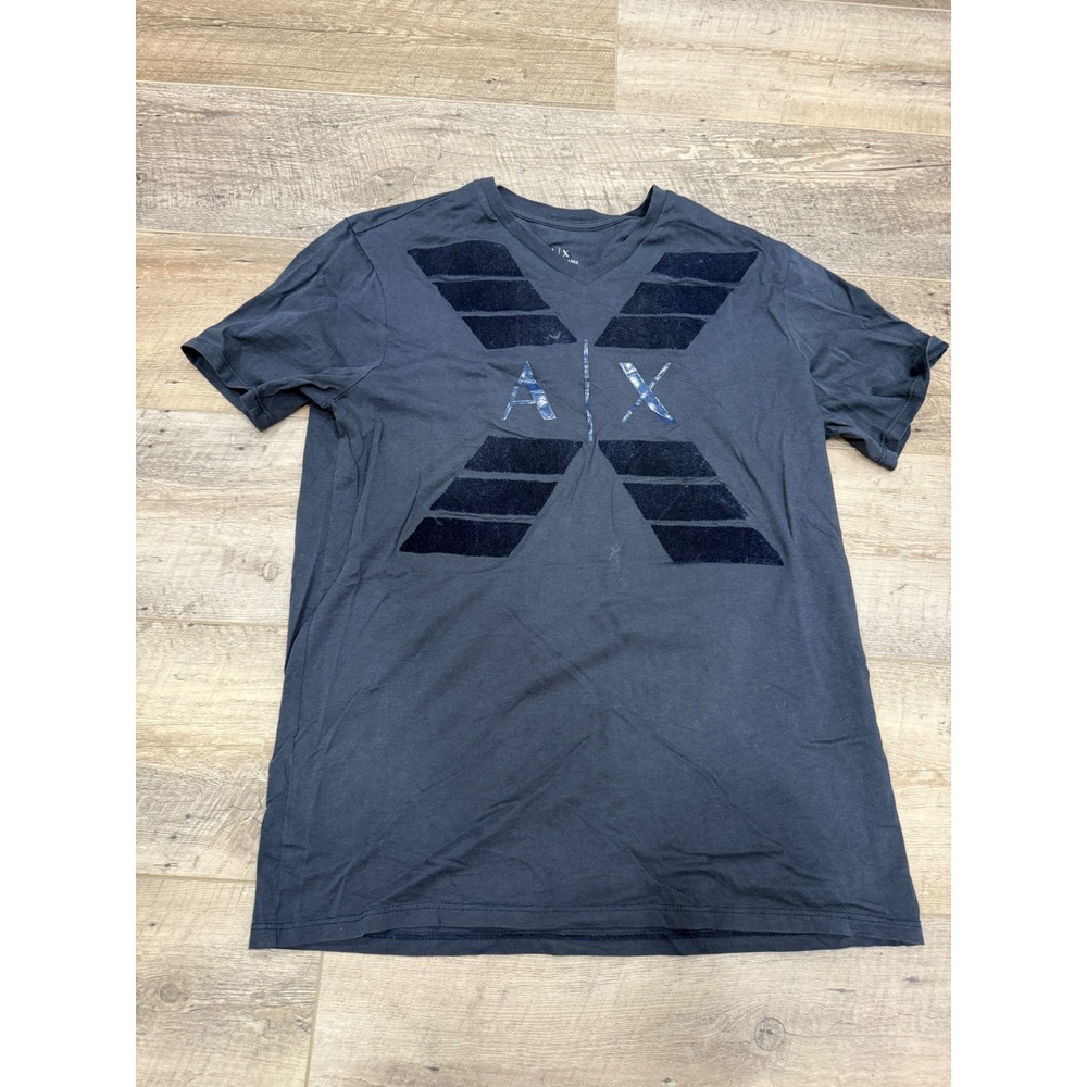 Armani Exchange Mens V-Neck Graphic T-Shirt Charcoal Grey Flocked Velvet Logo M
